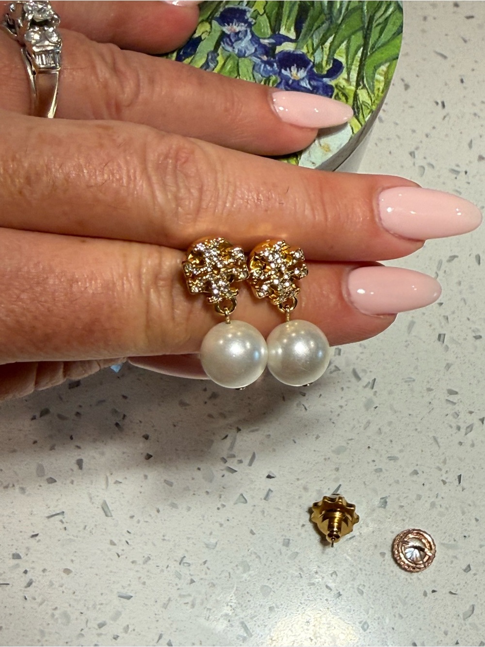 Tory Burch Classic Gold Pearl Drop Earrings with Crystal Cluster